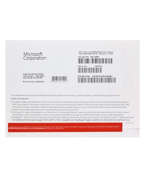 Licencia Microsoft Windows 10 Profesional 64B Español Latam FQC-08981