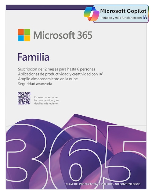 Microsoft 365 familia (12 meses) 6 usuarios. Office apps con Copilot incluido. PC/Mac/iPhone/Tablet. Requiere activación. [Producto físico] Office Microsoft para mas de 5 equipos
