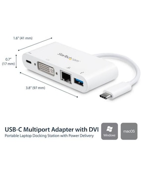 Adaptador Multipuertos USB-C para Laptops Docking Station USB Tipo C DVI GbE con Hub Concentrador USB 3.0 Startech.com