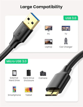 Cable USB a Micro USB Ugreen Reforzado Disco Duro HDD SSD 50 cm