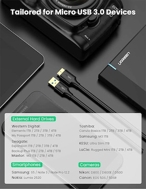 Cable USB a Micro USB Ugreen Reforzado Disco Duro HDD SSD 50 cm