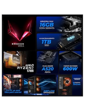 Computadora gamer Xtreme Pc Gaming XTMSIR716GBRENOIRM 24 pulgadas full hd amd ryzen 7 amd radeon graphics 16 gb ram 1 tb ssd
