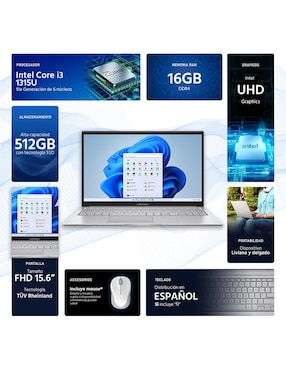 Laptop Asus Vivobook 15 15.6 pulgadas Full HD Intel Core i3 Intel UHD 16 GB RAM 512 GB SSD