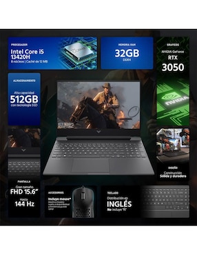Laptop gamer Hp Victus 15.6 pulgadas full hd intel core i5 nvidia geforce rtx 3050 32 gb ram 512 gb ssd
