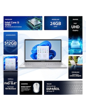 Laptop Asus Vivobook 15 15.6 pulgadas Full HD Intel core I3 integradas 24 GB RAM 512 GB SSD