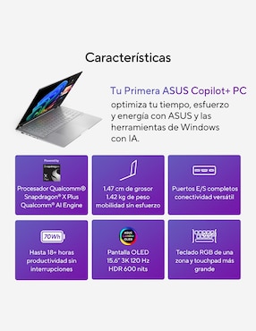 Laptop thin & light Asus Vivobook S 15 OLED 15.6 pulgadas 3K Qualcomm Adreno 16 GB RAM 512 GB SSD
