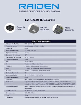 Fuente de poder Yeyian YFG-65002-01_650W_GOLD