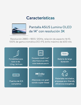 Laptop touch Asus Zenbook 14 14 pulgadas WUXGA Intel Core Ultra 7 Intel Arc 16 GB RAM 512 GB SSD