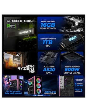Computadora gamer Xtreme Pc Gaming XTPCR516GB3050DP AMD Ryzen 5 NVIDIA GeForce RTX 3050 16 GB RAM 1 TB SSD