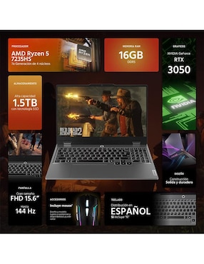 Laptop gamer Lenovo LOQ 15ARP9 15.6 pulgadas Full HD AMD Ryzen 5 Nvidia GeForce RTX 3050 16 GB RAM 1.5 tb SSD