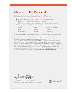 Microsoft 365 Personal Office Microsoft para 1 usuario