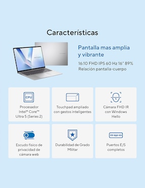 Laptop Asus Vivobook 16 16 pulgadas WUXGA Intel Core Ultra 5 225 Integradas 16 GB RAM 512 GB SSD