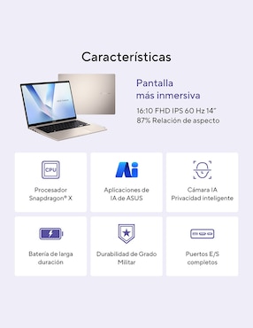 Laptop Asus X1407QA-LY045W 14 pulgadas WUXGA Snapdragon X Qualcomm Adreno 16 GB RAM 512 GB SSD