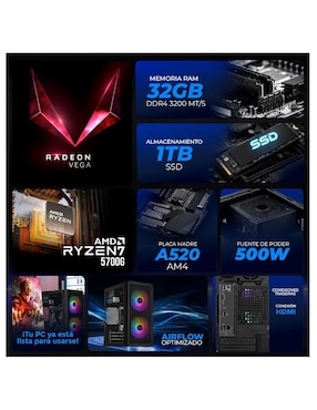 Computadora gamer Xtreme Pc Gaming XTACR732GBVEGA7MDPMB 23.8 pulgadas Full HD AMD Ryzen 7 AMD Radeon Graphics 32 GB RAM 1 TB SSD
