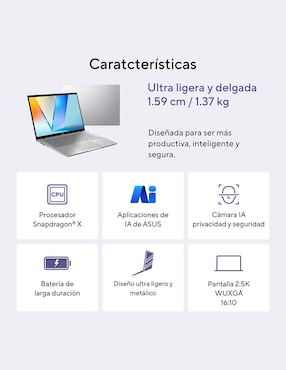 Laptop thin & light Asus Vivobook S14 14 pulgadas WQXGA Snapdragon X Qualcomm Adreno 16 GB RAM 512 GB SSD