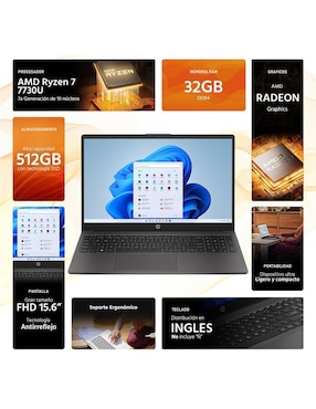 Laptop HP 255 G10 15.6 pulgadas Full HD AMD Ryzen 7 AMD Radeon 32 GB RAM 512 GB SSD