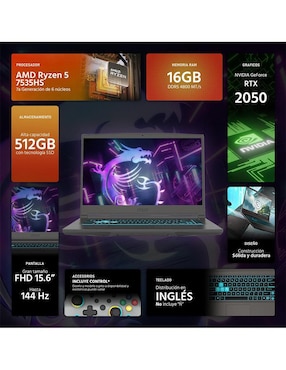 Laptop gamer msi Thin A15 15.6 pulgadas Full HD AMD Ryzen 5 NVIDIA GeForce RTX 2050 16 GB RAM 512 GB SSD