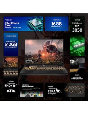Laptop gamer Asus TUF Gaming F16 16 pulgadas Full HD + Intel Core 5 210H NVIDIA Geforce RTX 3050 16 GB RAM 512 GB SSD