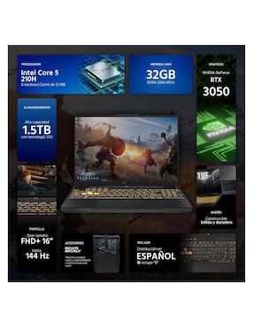 Laptop gamer Asus TUF Gaming F16 16 pulgadas full hd+ intel core 5 210h nvidia geforce rtx 3050 32 gb ram 1.5 tb ssd