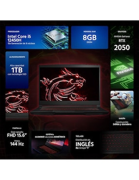 Laptop gamer msi thin 15.6 pulgadas full hd intel core i5 nvidia geforce rtx 2050 8 gb ram 1 tb ssd