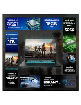 Laptop gamer Gigabyte Gaming A16 16 pulgadas WUXGA Intel Core i7 NVIDIA GeForce RTX 5060 16 GB RAM 1 TB SSD
