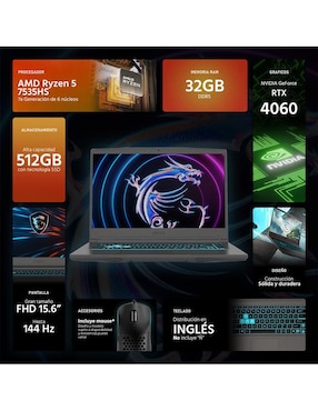 Laptop gamer MSI Thin 15 15.6 pulgadas Full HD AMD Ryzen 5 Nvidia GeForce RTX 4060 32 GB Ram 512 GB SSD