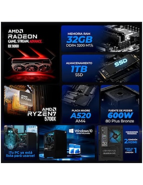 Computadora gamer Xtreme Pc Gaming XTPCR732GB9060AFB AMD Ryzen 7 AMD Radeon RX 9060 32 GB RAM 1 TB SSD