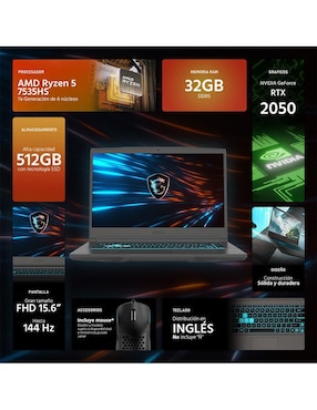 Laptop gamer Msi Thin A15 15.6 pulgadas Full HD AMD Ryzen 5 Nvidia GeForce RTX 2050 32 GB RAM 512 GB SSD