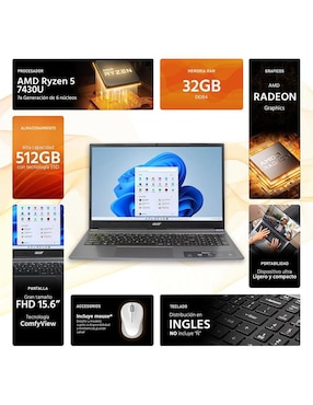 Laptop Acer Aspire Lite 15 15.6 pulgadas Full HD AMD Ryzen 5 AMD Radeon 32 GB RAM 512 GB SSD