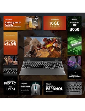 Laptop gamer Lenovo LOQ 15 15.6 pulgadas Full HD AMD Ryzen 5 NVIDIA GeForce RTX 3050 16 GB RAM 512 GB SSD
