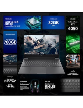 Laptop Gamer HP Victus 15.6 pulgadas Full HD Intel Core i5 NVIDIA GeForce RTX 4050 32 GB RAM 760 GB SSD