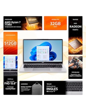 Laptop Acer Aspire 3 15.6 pulgadas Full HD AMD Ryzen 7 AMD Radeon 32 GB RAM 512 GB SSD