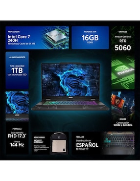 Laptop gamer Msi Cyborg 17 17.3 pulgadas Full HD Intel Core 7 240H NVIDIA GeForce RTX 5060 16 GB RAM 1 TB SSD