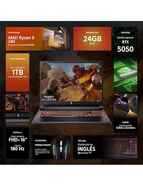 Laptop gamer Acer Nitro V 16 pulgadas Full HD+ AMD Ryzen 5 NVIDIA GeForce RTX 5050 24 GB RAM 1 TB SSD