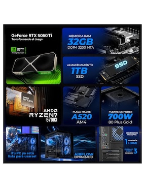 Computadora gamer Xtreme Pc Gaming XTPCR732GB5060TIMAE 32 pulgadas QHD AMD Ryzen 7 NVIDIA GeForce RTX 5060 Ti 32 GB RAM 1 TB SSD