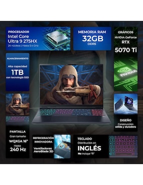 Laptop gamer Acer Predator Helios Neo 16S 16 pulgadas WQXGA Intel core ultra 9 NVIDIA GeForce RTX 5070 ti 32 GB RAM 1 TB SSD