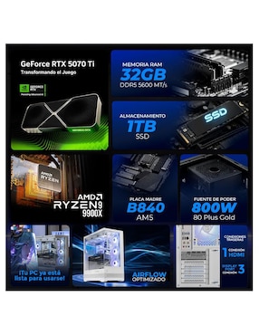 Computadora gamer Xtreme PC Gaming XTMSIR932GB55070TI110RW AMD Ryzen 9 NVIDIA GeForce RTX 5070 Ti 32 GB RAM 1 TB SSD