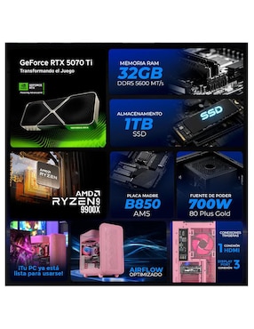 Computadora gamer Xtreme PC Gaming XTHYR932GB55070TISM
AMD Ryzen 9 Nvidia GeForce RTX 5070 TI 32 GB Ram 1 TB SSD