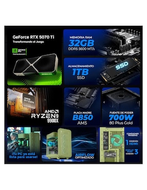 Computadora Gamer Xtreme PC Gaming XTHYR932GB55070TIM AMD Ryzen 9 NVIDIA GeForce RTX 5070 Ti 32 GB RAM 1 TB SSD