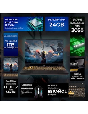 Laptop gamer Asus TUF Gaming F16 16 pulgadas Full HD+ Intel Core i5 NVIDIA Geforce RTX 3050 24 GB RAM 1 TB SSD