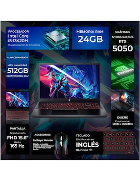 Laptop gamer Acer Nitro V 15 15.6 pulgadas Full HD Intel Core i5 NVIDIA GeForce RTX 5050 24 GB RAM 512 GB SSD