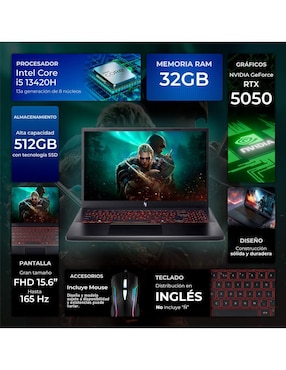 Laptop game Acer Nitro V 15 15.6 pulgadas Full HD Intel Core i5 NVIDIA GeForce RTX 5050 32 GB RAM 512 GB SSD