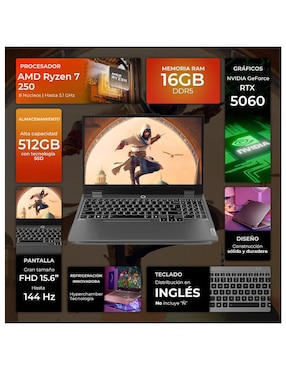Laptop gamer Lenovo 83JG007PUS 15.6 pulgadas Full HD AMD Ryzen 7 NVIDIA GeForce RTX 5060 16 GB RAM 512 GB SSD