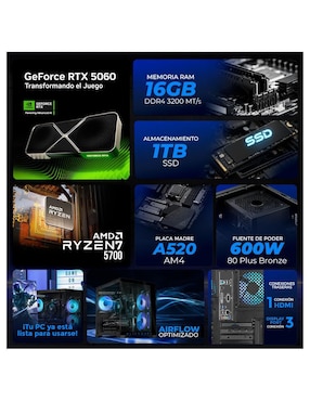 Computadora gamer Xtreme PC Gaming XTPCR716GB5060MAE 32 pulgadas QHD AMD Ryzen 7 NVIDIA GeForce RTX 5060 16 GB RAM 1 TB SSD