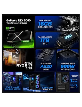 Computadora gamer Xtreme PC Gaming XTPCR716GB5060EVA00 AMD Ryzen 7 NVIDIA GeForce RTX 5060 16 GB RAM 1 TB SSD
