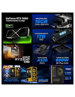 Computadora gamer Xtreme Pc Gaming XTPCR716GB5060EVA00Y Amd Ryzen 7 NVIDIA GeForce RTX 5060 16 GB RAM 1 TB SSD