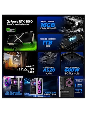 Computadora gamer Xtreme Pc Gaming XTPCR716GB5060EVA08 AMD Ryzen 7 NVIDIA GeForce RTX 5060 16 GB RAM 1 TB SSD