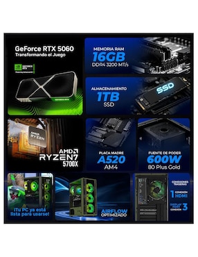 Computadora gamer Xtreme Pc Gaming XTPCR716GB5060EVA05 AMD Ryzen 7 NVIDIA GeForce RTX 5060 16 GB RAM 1 TB SSD