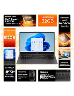 Laptop Hp 245E-R332512M 14 pulgadas HD AMD Ryzen 3 integradas 32 GB RAM 512 GB SSD