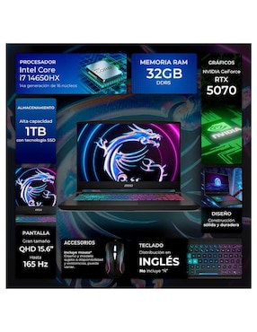 Laptop gamer Msi KT15I-5070Ci7321TM 15.6 pulgadas QHD Intel Core i7 NVIDIA GeForce RTX 5070 32 GB RAM 1 TB SSD